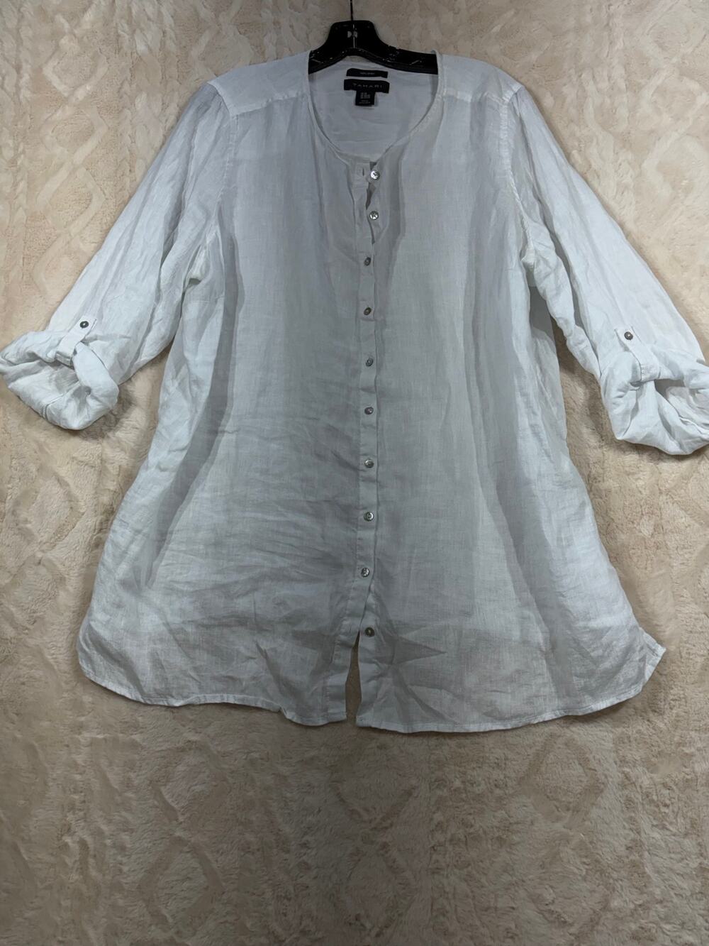 Tahari Women’s 2X 100% Linen White Button Front Tunic Blouse Roll Tab EUC